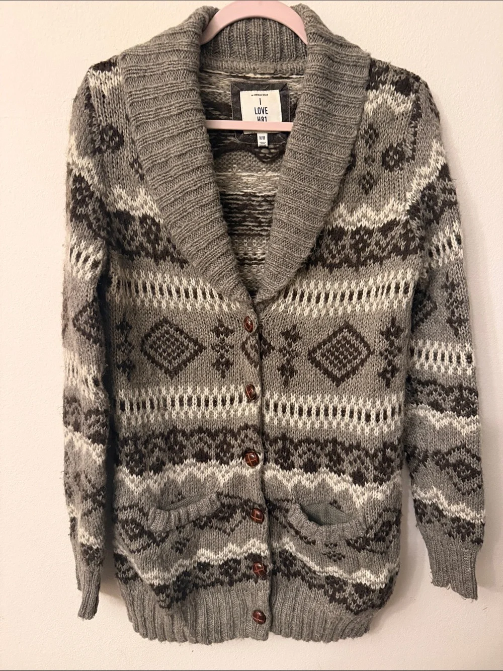 Forever 21 Gray and Brown Fair Isle Shawl-Collar Cardigan 99 - Picture 1 of 11